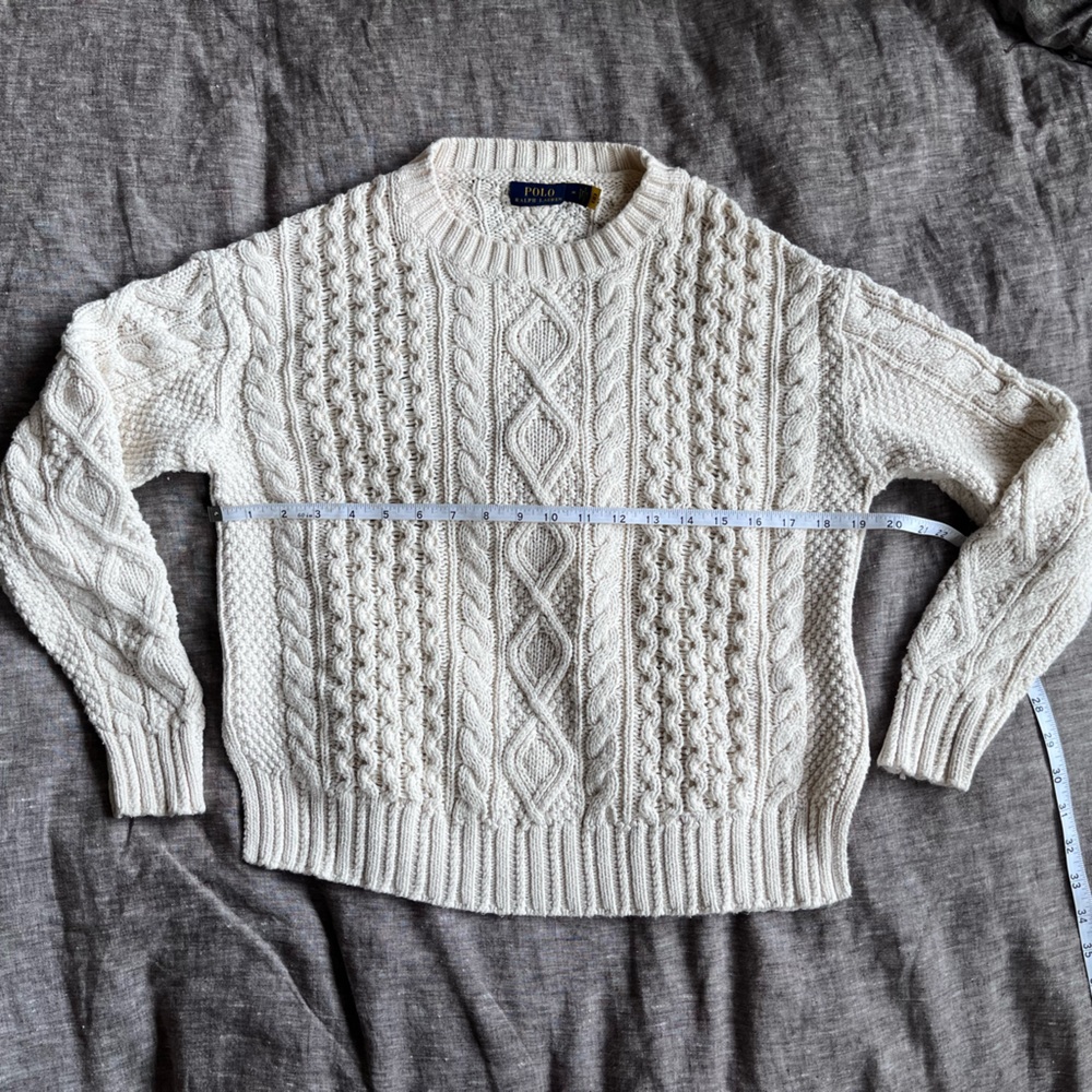 White cream cotton M cable knit fisherman sweater Polo Ralph Lauren